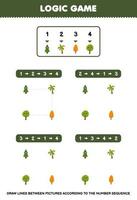 onderwijs spel voor kinderen trek lijnen volgens naar de aantal opeenvolgingen van schattig tekenfilm boom afbeeldingen afdrukbare natuur werkblad vector