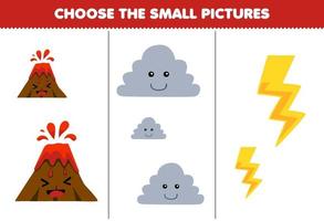 onderwijs spel voor kinderen Kiezen de klein afbeelding van schattig tekenfilm vulkaan wolk donder afdrukbare natuur werkblad vector