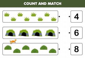 onderwijs spel voor kinderen tellen de aantal van schattig tekenfilm gras grot struik en bij elkaar passen met de Rechtsaf getallen afdrukbare natuur werkblad vector