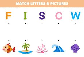 onderwijs spel voor kinderen bij elkaar passen brieven en afbeeldingen van schattig tekenfilm rivier- bloem steen cactus Boon afdrukbare natuur werkblad vector