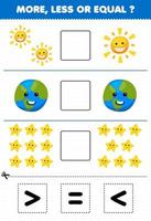 onderwijs spel voor kinderen tellen meer minder of Gelijk van tekenfilm zon planeet ster vervolgens besnoeiing en lijm de correct teken natuur werkblad vector