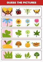 onderwijs spel voor kinderen Raad eens de correct afbeeldingen van schattig tekenfilm vlinder bloem blad oranje gras afdrukbare natuur werkblad vector