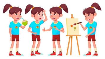 meisje schoolmeisje kind poses reeks vector. hoog school- kind. ondergeschikt onderwijs. leerzaam, gehoorzaal, lezing. voor kaart, advertentie, groet ontwerp. geïsoleerd tekenfilm illustratie vector