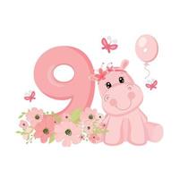 schattig baby meisje nijlpaard. verjaardag uitnodiging. negen jaar, negen maanden. gelukkig verjaardag vector