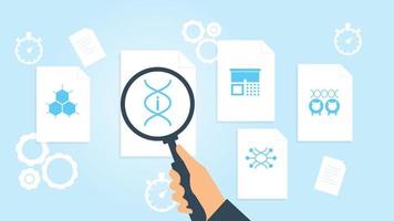 klonen, dna, schapen het dossier, document Onderzoek vector illustratie. document met zoeken pictogrammen. het dossier en vergroten glas. analytics Onderzoek teken. vector illustratie Aan wit achtergrond