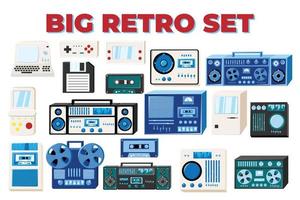 reeks van oud retro wijnoogst isometrie tech elektronica cassette audio plakband recorder, computer, spel consoles voor video spellen van de jaren 70, jaren 80, jaren 90. vector illustratie