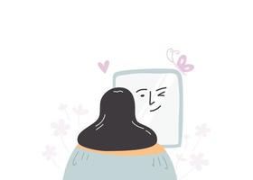 een vrouw aan het doen positief zelf praten in voorkant van spiegel, mentaal Gezondheid concept. vlak vector illustratie.