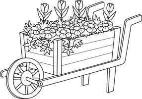 kruiwagen met bloemen geïsoleerd kleur bladzijde vector