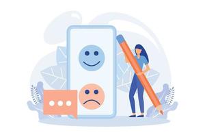 terugkoppeling en enquête illustratie set. mensen tekens geven positief vijf ster feedback, kiezen emoji naar tonen tevredenheid beoordeling en indienen enquête het formulier. vlak vector modern illustratie