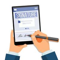 elektronisch handtekening tablet vector. elektronisch document, contract. digitaal handtekening. geïsoleerd vlak illustratie vector
