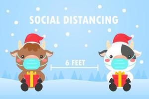 gemaskerde sociale afstandskoeien met cadeau van de kerstman vector