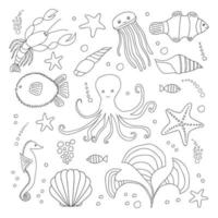 groot zee dieren set. vector zeeleven kleuren bladzijde met Octopus, bal vis, kwallen, clown vis, zeester, rivierkreeft, zeepaardje, rif vis, algen. ontwerp voor stickers, decor, patroon, afdrukken, kaarten.