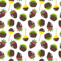 fruit in chocola. aardbei, kiwi fruit, banaan plak in donker chocola. vector naadloos patroon.