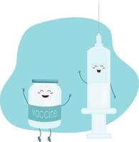 vaccin fles en injectiespuit pictogrammen met schattig kawaii gezichten vector