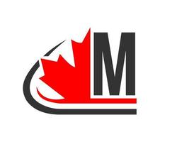 Canadees rood esdoorn- blad met m brief concept. esdoorn- blad logo ontwerp vector