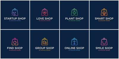 reeks van creatief online boodschappen doen logo ontwerp sjabloon. minimalistische lijn combineren symbool tas, begin omhoog, liefde, plant, slim lamp, vind, groep, chatten, lamp, online winkel, glimlach. vector