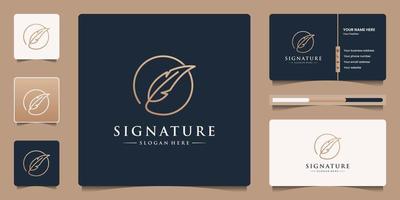 creatief gouden schacht handtekening logo ontwerp met minimalistische veer inkt logo sjabloon vector