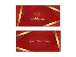 geschenk certificaat sjabloon. luxe rood tegoedbon lay-out met glimmend gouden decor elementen. vector illustratie van geschenk coupon met abstract rijk achtergrond.. voorkant en terug zijden