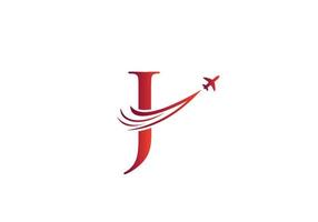 brief j reizen logo ontwerp concept met vliegend vliegtuig symbool vector