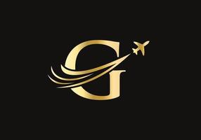 brief g reizen logo ontwerp concept met vliegend vliegtuig symbool vector