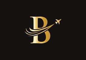 brief b reizen logo ontwerp concept met vliegend vliegtuig symbool vector