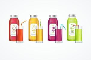 realistisch gedetailleerd 3d kleur sap fles en glas set. vector