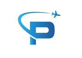 brief p reizen logo ontwerp concept met vliegend vliegtuig symbool vector