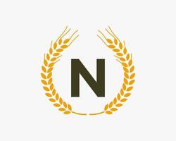 brief n landbouw logo ontwerp met tarwe symbool vector