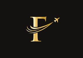 brief f reizen logo ontwerp concept met vliegend vliegtuig symbool vector