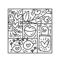 vector valentijnsdag logo samenstelling harten, tas, lippen. liefde handgeschreven tekst. hand- getrokken monoline bouwer in plein kader voor groet kaart
