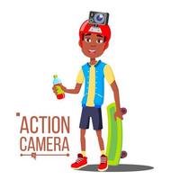 kind jongen met actie camera vector. afro Amerikaans tiener. rood helm. het schieten werkwijze. actief type van rust uit. geïsoleerd tekenfilm illustratie vector