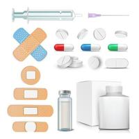 medisch items reeks vector. pillen, drugs, ampul, spuit, lapje. geïsoleerd illustratie vector