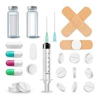 medisch items reeks vector. pillen, drugs, ampul, spuit, lapje. geïsoleerd illustratie vector