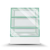 leeg glas kabinet geïsoleerd Aan transparant achtergrond. reclame staan glas vector. 3d leeg glas vitrine voor exposeren en producten vector