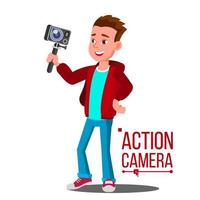 kind jongen met actie camera vector. zelf video, portret. het schieten werkwijze. geïsoleerd tekenfilm illustratie vector