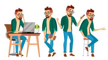 bedrijf Mens karakter vector. hipster werken Mens. milieu werkwijze creatief studio. mannetje arbeider. vol lengte. ontwerper, manager. poseert, gezicht emoties, gebaren. tekenfilm bedrijf illustratie vector