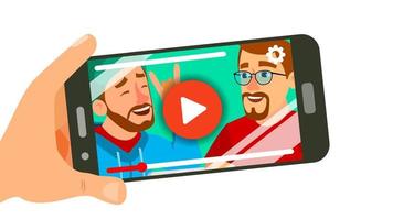 aan het kijken video Aan smartphone vector. hand- Holding smartphone. film app concept. geïsoleerd vlak illustratie vector