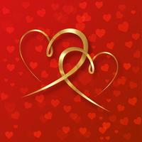 huwelijk ringen. twee gouden in elkaar grijpende harten isoleren Aan rood achtergrond. gelukkig valentijnsdag dag concept, 3d vector illustratie, kopiëren ruimte luxe banier