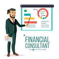 financieel consultant vector. zakenman met schoolbord. professioneel steun. Onderzoek grafieken markt. bedrijf beheer. diagrammen, grafieken financieel rapporten. geïsoleerd vlak karakter illustratie vector