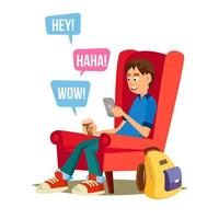 tiener jongen vector. gelukkig jongen communiceren Aan internetten. gebruik makend van smartphone. geïsoleerd Aan wit tekenfilm karakter illustratie vector
