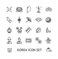 Korea teken zwart dun lijn icoon set. vector