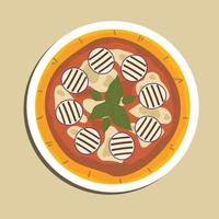 traditioneel Italië pizza in de Italiaans nationaal kleuren groente, wit rood. met raket salade, parmezaan, en tomaat topping geïsoleerd Aan wit bord. voedsel illustratie tekenfilm voor poster ontwerp vector