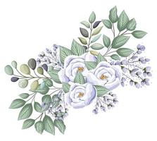 witte rozen bloemen met knoppen en bladeren schilderen vector