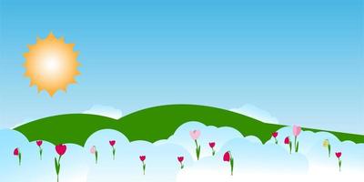 voorjaar uitverkoop hoofd of tegoedbon sjabloon. horizontaal banier met blauw lucht, zon, bloemen. plaats voor tekst. gelukkig vrouwen dag, 8 maart of moeder dag grens kader, promo kaart vector