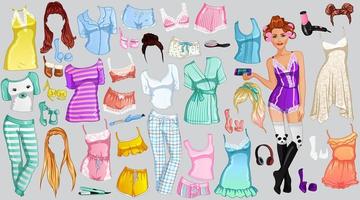 pyjama partij papier pop met mooi dame, outfits, kapsels en accessoires. vector illustratie