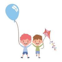 babyjongens lachend met helium ballonnen in de hand vector