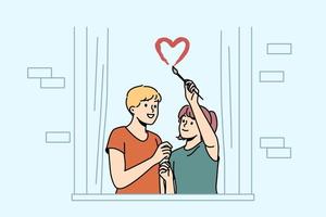 gelukkig paar tekening hart symbool Aan venster opgewonden over leven samen. glimlachen Mens en vrouw tonen liefde symbool dolblij met in beweging of verhuizing. vector illustratie.