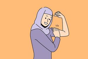 glimlachen jong vrouw in hijab tonen spier demonstreren stroom. gelukkig Arabisch vrouw voelen krachtig en sterk. leiderschap concept. vector illustratie.