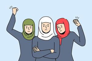 beslissend Dames in hijaabs staan samen voor gelijkheid en rechten. boos Arabisch vrouwtjes protest Aan straat. demonstratie concept. vector illustratie.