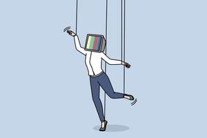 ongelukkig jong vrouw met TV Aan hoofd en handen Aan touwen gevoel gemanipuleerd. meisje manipulatie met media en televisie. vector illustratie.